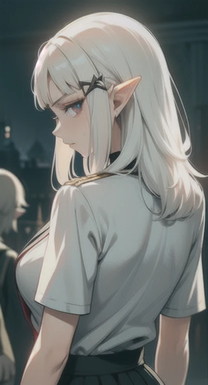 Sweating, white hair, Princess Zelda, Hyrule high school, schools uniform, students everywhere, looking at viewer annoyed, back view, SFW,