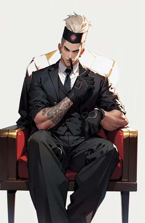 Mafia, male, 45 years old, white, exuding a dangerous aura, muscular body, handsome face, white skin, red eyes, gray-brown hair, retro tattoos on arms, black jacket, pants and gloves, cold face. Sitting on a gorgeous sofa with a cigar in his mouth, anime s...