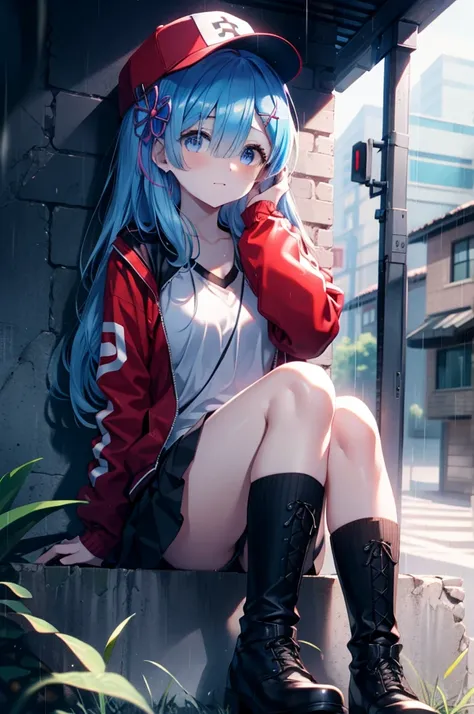 rezeroRem, Rem, blue eyes, Blue Hair, hair ornaments, Hair on one eye, hair ribbon, Long Hair, x hair ornaments,Baseball cap,Riders jacket　Open front,red v neck t shirt,mini skirt,Black knee socks,short boots,Sitting leaning against a wall,rain,Cloudy,Hidi...