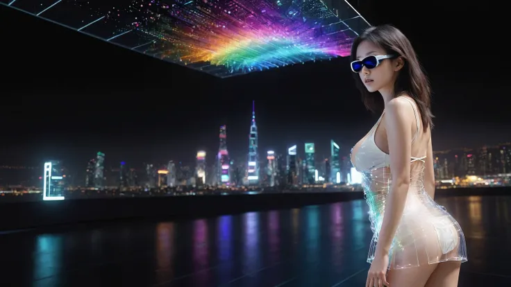 Aerial view. Estilo: arte conceitual. A cena: Futuristic cityscapes with all-glass towering skyscrapers, 1drone. High-resolution OLED GUI interfaces in the building, The open-air all-glass string sky bridge is filled with transparent data visualization inf...