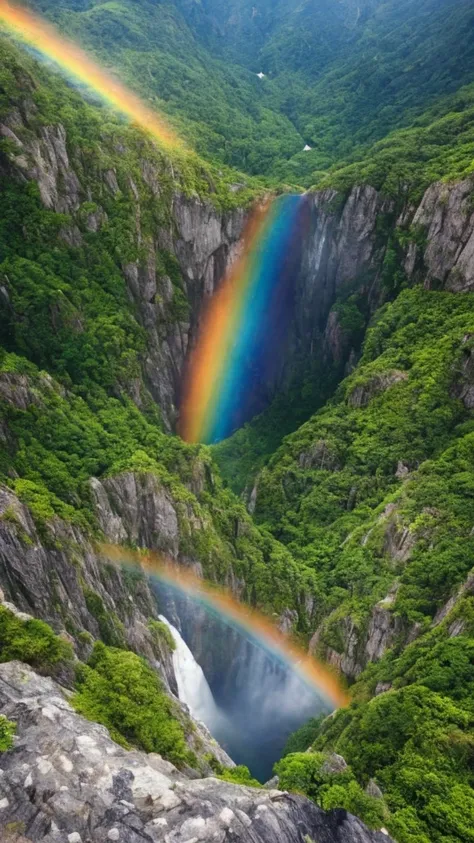 a vast waterfall, top-down view, a subtle single rainbow near the waterfall, stunning landscape, like a scene from a movie, 32k ...