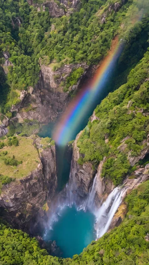 a vast waterfall, top-down view, a subtle single rainbow near the waterfall, stunning landscape, like a scene from a movie, 32k ...