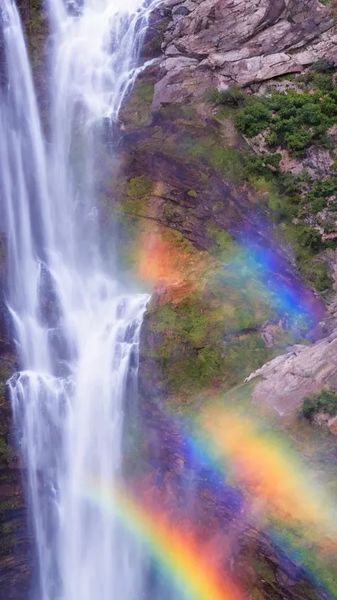 a vast waterfall, top-down view, a subtle single rainbow near the waterfall, stunning landscape, like a scene from a movie, 32k ...