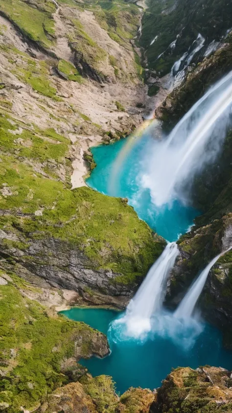 A vast waterfall, top-down view, a subtle single rainbow near the waterfall, stunning landscape, like a scene from a movie, 32K resolution, ultra-detailed, high-resolution, intricate details, photorealistic, breathtaking view