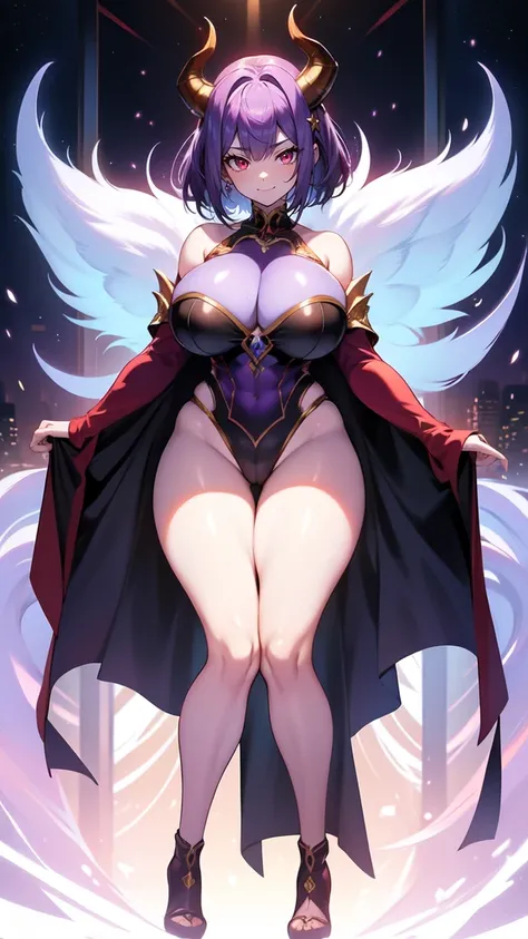 (masterpiece), best quality, expressive eyes, perfect face, demon girl, huge girl, female muscular:1.2, big horns, big breast:1, curvy:1.4, tiara, short hair, barefeet, evil smile, ((blank background)), (full body framing), (thick thighs:1.4), (long legs:1...