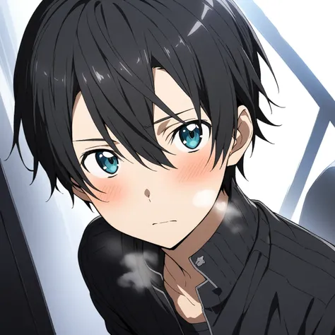 1 boy, Kazuto Kiritani,Kirito,Sword Art Online,alone, viewer, pure white background, blush, black eyes,eyes glow, breathing, avatar, half body, comic style colorless, angle, masterpiece, best quality,black clothing，