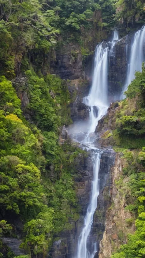 a stunning aerial view of a majestic waterfall, with a subtle, singular rainbow faintly visible near the cascading water. breath...