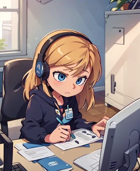 riley andersen, (1 girl), working in a call center, Blonde, blue eyes, 