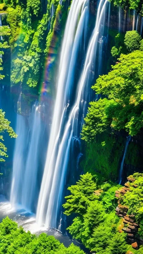 a stunning aerial view of a majestic waterfall, with a subtle, singular rainbow faintly visible near the cascading water. breath...