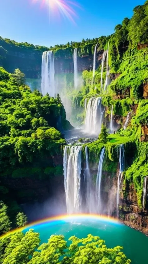 a stunning aerial view of a majestic waterfall, with a subtle, singular rainbow faintly visible near the cascading water. breath...