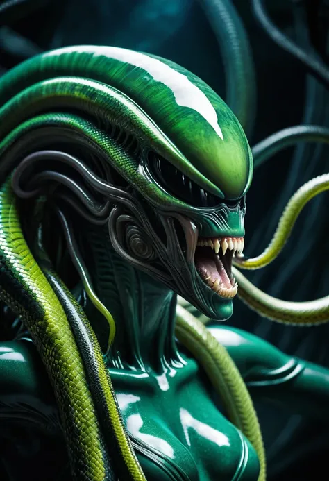 (((Extreme close-up Xenomorph Medusa snakes like hair Greek mythology surreal and cinematographic images Color Splash images)),(((Front Images)))