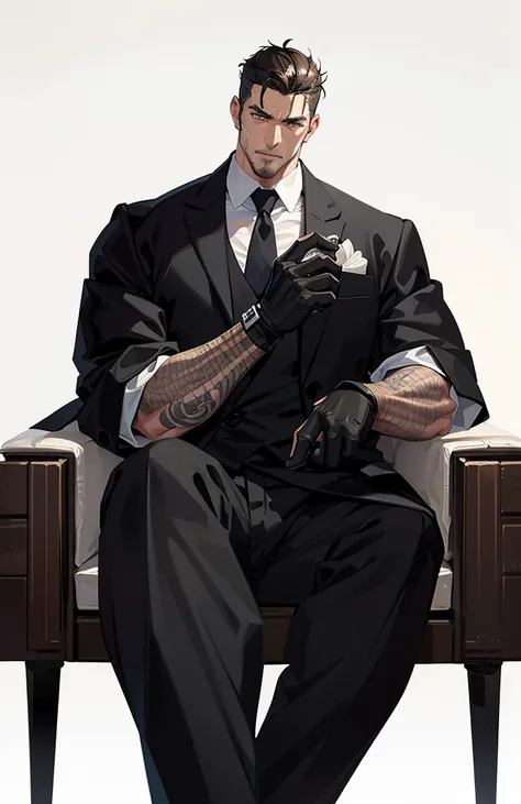 (Masterpiece, Best quality),Mafia, male, 45 years old, white, exuding a dangerous aura, muscular body, handsome face, white skin, red eyes, gray-brown hair, retro tattoos on arms, black jacket, pants and gloves, cold face. Sitting on a gorgeous sofa with a...