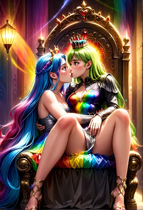 a 25 year old woman with rainbow hair and crown, wearing an intricate regal rainbow dress, sitting on a throne, with rainbows and kissing men painted on the wall behind her, detailed portrait, highly detailed, 4k, photorealistic, masterpiece, ultra-detaile...