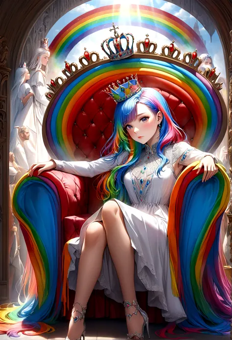 a 25 year old woman with rainbow hair and crown, wearing an intricate regal rainbow dress, sitting on a throne, with rainbows and kissing men painted on the wall behind her, detailed portrait, highly detailed, 4k, photorealistic, masterpiece, ultra-detaile...