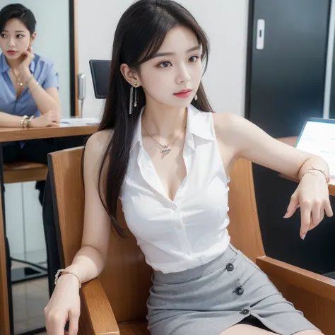 (((Practical photography))),,28year, portrait,Upper body, Korean，(Mature:1.3),, 1 girl，beautiful girl, arrogant,Sit in a large class chair , (necklace，earrings，bracelet:1.1), Sleeveless shirt，Button-down shirt and hip skirt,mini skirt , (cleveage:0.3),, In...