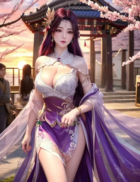 (,1 Girl, Throw,best quality, ) , (((,1 Girl, Solitary, large breast, ,(((丰满柔软的breast,)))(((巨大的breast))) (((Cleavage))))Looking at the audience, Cherry blossoms,   , purple_hair, purple_Eye, long_hair, breast, Solitary, cloud, Jewelry, skirt, Sunset, Sky )...