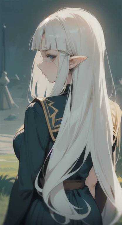 Sweating, long white hair, Princess Zelda, Hyrule high school, schools uniform, students everywhere, looking at viewer annoyed, back view, SFW,