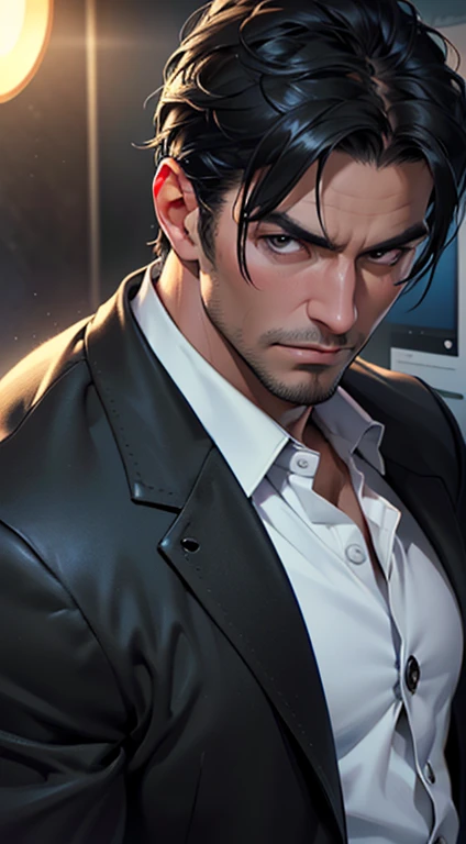 (best quality, masterpiece, 8K, photorealistic, cinematic lighting, hdr image, ultra detailed, beautiful image), a mature man, very handsome, serious, short black hair, black eyes, perfect face without errors, ((buttoning the jacket, CEO))