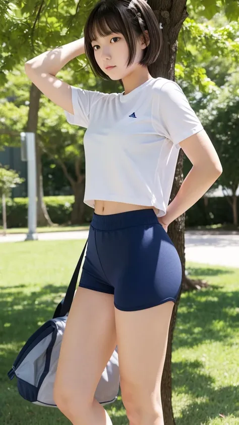 White T-shirt,Tight-fitting navy blue gym clothes,A short-haired junior high school girl taking a break in the shade of a tree on school grounds