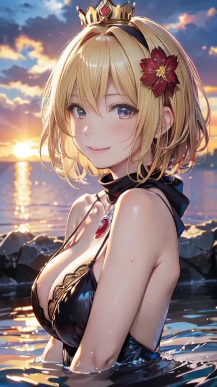 the same,
Depicts only one woman,

Golden Hair,Hair that is wet with water,Hair dripping with water,
(Short Hair.05),Ashime,straight,

((Flower Hair Ornaments)),Purple Necklace,

Natural skin texture,Big boobs,Narrow waist,Bring both arms together,

(((Bla...