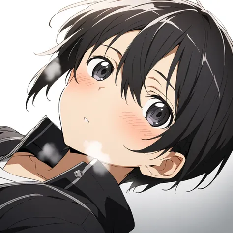 1 boy, Kirigaya Kazuto,kirito,Kirito,Sword Art Online,alone, viewer, pure white background, blush, black eyes,eyes glow, breathing, avatar, half body, comic style colorless, angle, masterpiece, best quality,black clothing，