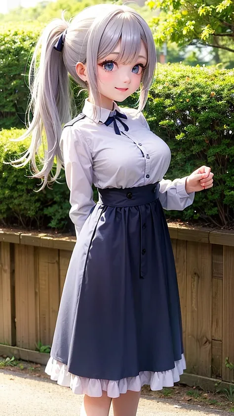 best quality, beautiful detailed eyes, 1girl, solo, silver hair, blue eyes, (loli), (low pony tail), midium breast, nose blush, smile, standing, outdoor, navy blue high-waist long skirt, white no-sleeve blouse,