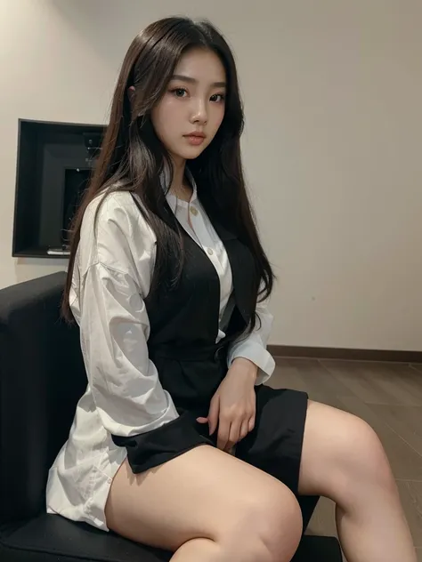 there is a woman sitting in a chair in a room, korean girl, sitting in a lounge, gorgeous young korean woman, beautiful south korean woman, taken in 2 0 2 0, 8k)), sakimichan, korean woman, gorgeous lady, ulzzang, black outfit, wearing in black clothes, wi...