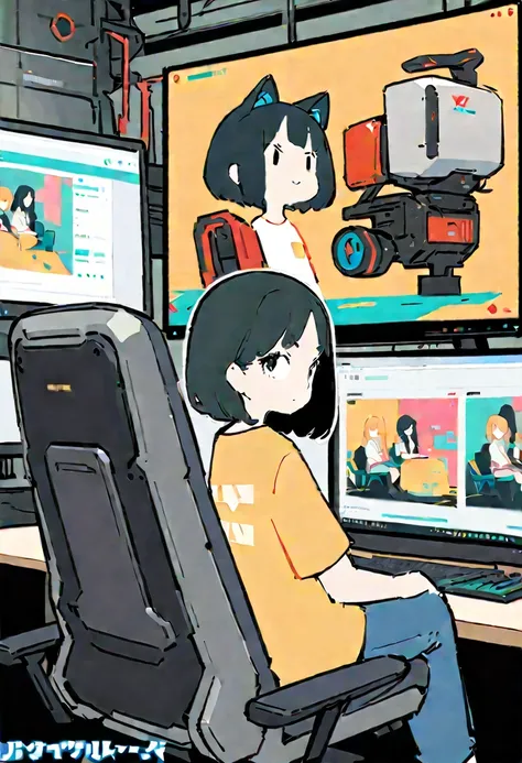 (Thick painting style),Bold line, ((masterpiece,)),(((Highest quality))),(sketch),((Girls in their 20s)),Short black hair,Black cat ears,T-Shirts,jeans,(((Sit on a chair,machine,Character Portrait,Full Art,monitor,Girl looking at computer))),Messy