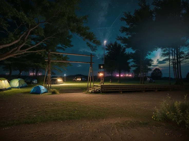 The sky is dotted with stars at night，Camping site in the woods, Trees wrapped with lights，Night view, Cyberpunk Lighting，Cyberpunk style, Campsite at night, Wide field of view, real，masterpiece，High Detail，high resolution，8K