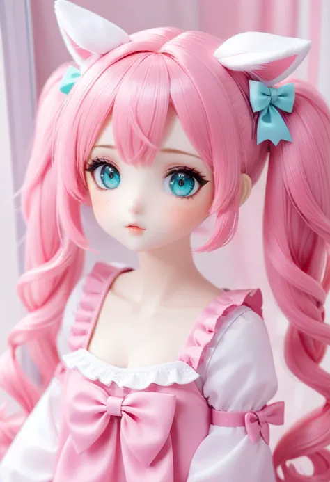 There is a girl Sd doll with a pink bow，bjd doll girl，Fake real person，Cute kawaii girl，Very pretty and cute，，Cute anime girl，Anime girls in real life，Kawaii Hairstyle，Anime girl with cat ears，Kawaii Hairstyle，Super realistic sweet bunny girl，Pink twin tai...