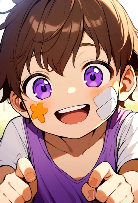 6 year old boy, brown hair, purple eyes, band aid on face, purple tank top, white t-shirt inside, smiling.