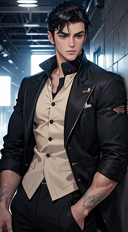 (best quality, masterpiece, 8K, photorealistic, cinematic lighting, hdr image, ultra detailed, beautiful image), a mature man, very handsome, serious, short black hair, black eyes, perfect face without errors, ((buttoning the jacket, CEO))