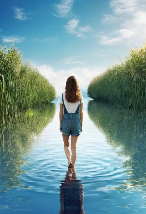 overall image: horizon in the center of the screen. girl is walking from left to right. her image is reflected symmetrically on ...