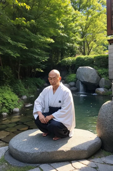 Robe、front、Zazen、on stone、The background is nature、Real