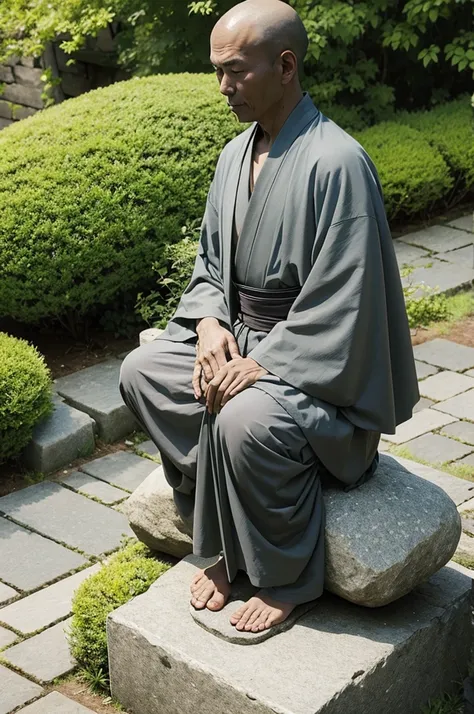 Robe、front、Zazen、on stone、The background is nature、Real