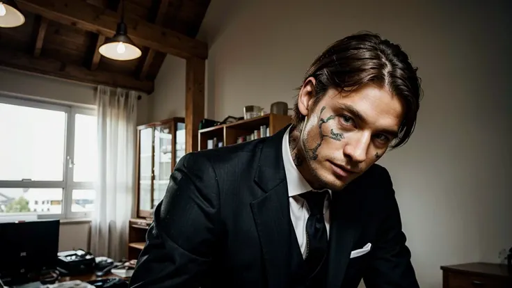 German man model. Tatoo. Suit