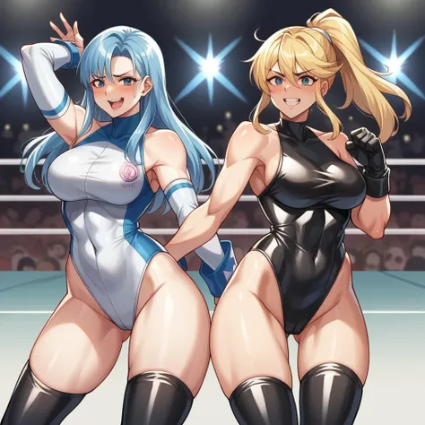 masuter piece、top-quality、8K、Impresionismo、Photorealsitic、Womens Pro Wrestling、dynamicposes、Leotard、dazzling lights、professional wrestling、An enthusiastic crowd is watching、Two women in latex wrestling costumes are posing for a picture、sex battle,