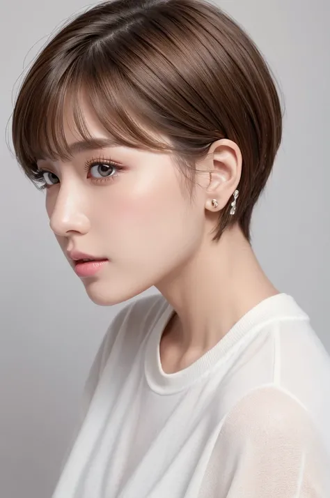 (Highest quality、Tabletop、8K、Best image quality、Award-winning works)、((profile:1.4))、ear、((short hair:1.46)),(Brown Hair)、(White casual clothes:1.2)、(The simplest pure white background:1.3)、(Perfectly fixed in front:1.1),(Portrait with Space:1.2)、Beautiful...