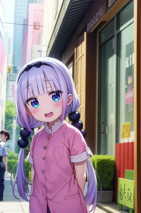 masterpiece, absurdres, official art,
kanna,hairband,beads,twintails, happy, v arms, 
police station