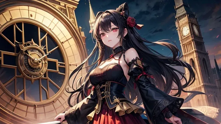 Tokisaki Kurumi stands in front of an ancient clock tower，The surrounding environment is filled with a mysterious and eerie atmosphere。She has long wavy black hair.，Hair fluttering gently in the breeze。Her heterochromatic eyes are particularly eye-catching...