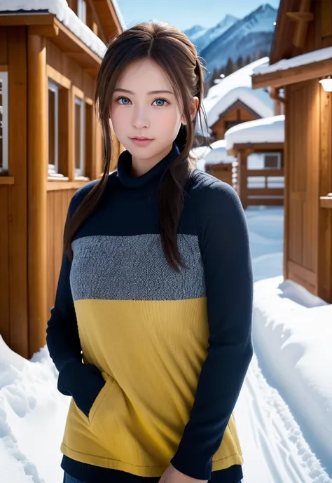 8K, of the highest quality, masutepiece:1.2), (Realistic, Photorealsitic:1.37), of the highest quality, masutepiece, Beautiful young woman, Pensive expression,、A charming、and an inviting look, skiing、snowboarder、Ski Wear, Hair tied back, Cinematic backgrou...