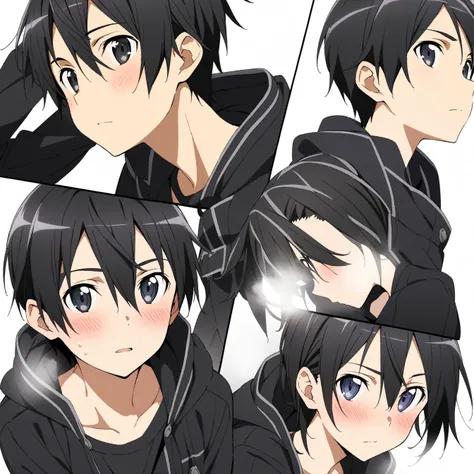 1 boy, Kirigaya Kazuto,kirito,Kirito,Sword Art Online,alone, viewer, pure white background, blush, black eyes,eyes glow, breathing, avatar, half body, comic style colorless, angle, masterpiece, best quality,black clothing，