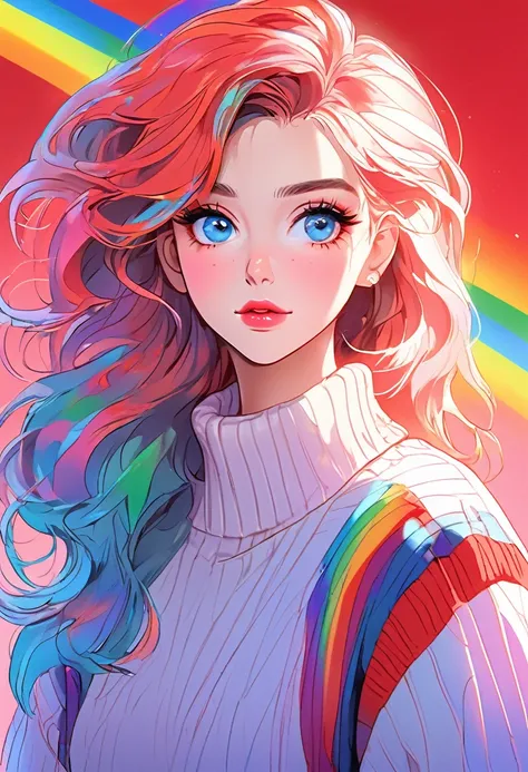 anime ,Realistic ,sketch , 1 Girl, Shining blue eyes,Glossy Lips, sweater,Collared shirt、order, Red gradient background, Neon Hair,textured crop, Canadian , (masterpiece,Highest quality,Rainbow Style)