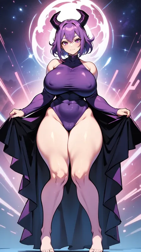 (masterpiece), best quality, expressive eyes, perfect face, demon girl, huge girl, female muscular:1.2, big horns, big breast:1, curvy:1.4, tiara, short hair, barefeet, evil smile, ((blank background)), (full body framing), ((thick thighs:1.4)), (long legs...