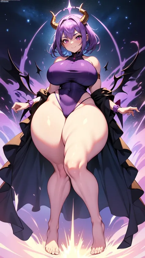 (masterpiece), best quality, expressive eyes, perfect face, demon girl, huge girl, female muscular:1.2, big horns, big breast:1, curvy:1.4, tiara, short hair, barefeet, evil smile, ((blank background)), (full body framing), ((thick thighs:1.4)), (long legs...