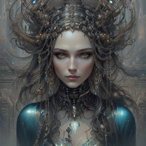 a close up of a woman with a very elaborate headpiece, portrait of a cyborg queen, 8 0s style tomasz alen kopera, karol bak uhd, tomasz alen kopera and cgsociety, beautiful cyborg priestess, beautiful digital artwork, greg beeple, sci-fi digital art, beaut...