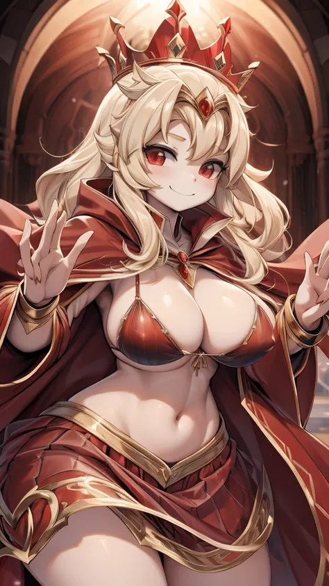 Queen，Innocent expression，Innocent smile，crown，redcloak，Blonde，Big breasts， red，redcloak，cloak，Transparent skirt，Transparent textured skirt，Sheer textured skirt with bikini lining，Transparent coat，Transparent coat，Translucent raincoat