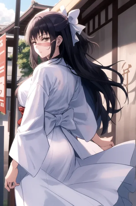 ioricd1, 1girl, solo, long hair, solo, black hair, bow, japanese clothes, hair bow, miko, looking at viewer, cowboy shot, scar, ...