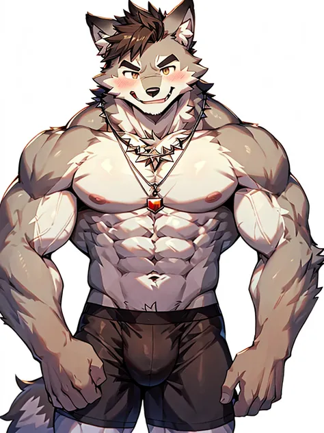 front view, white background, peace sign, Furry, wolf, male, cute, muscular, muscles, thick eyebrows, shirtless, necklace, wearing boxer briefs, look at viewer, blushing, shy, smiling, happy