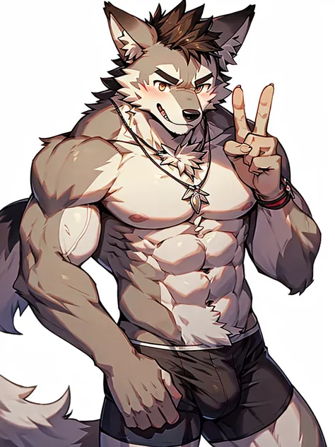 front view, white background, peace sign, Furry, wolf, male, cute, muscular, muscles, thick eyebrows, shirtless, necklace, wearing boxer briefs, look at viewer, blushing, shy, smiling, happy